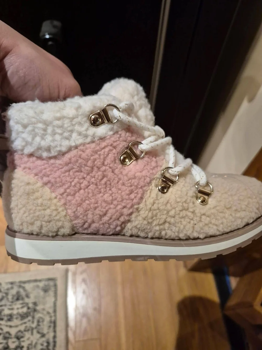 Cat & Jack Cream and Pink Sherpa Lace-Up Kids Ankle Boots